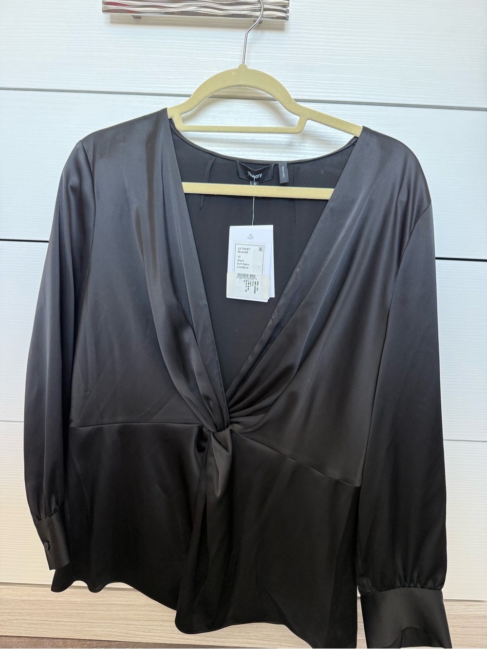 Theory Black Satin Twist-Knot V-Neck Blouse